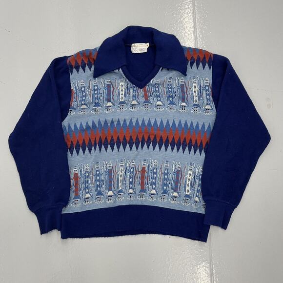 Vintage 70s Aztec Pattern Collared Acrylic Sweater - Picture 1 of 4